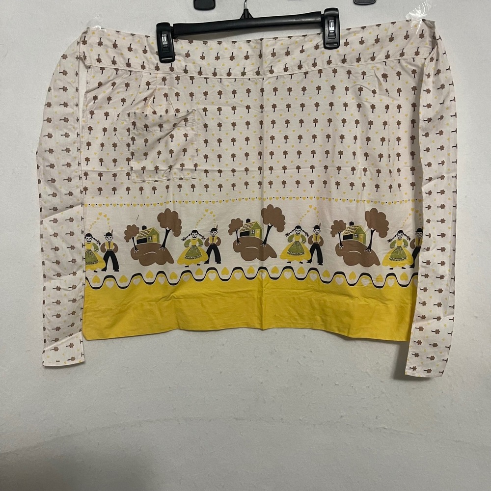 Vintage Dutch Folk Art Half Apron Yellow Brown Cottages Figures One Pocket Retro